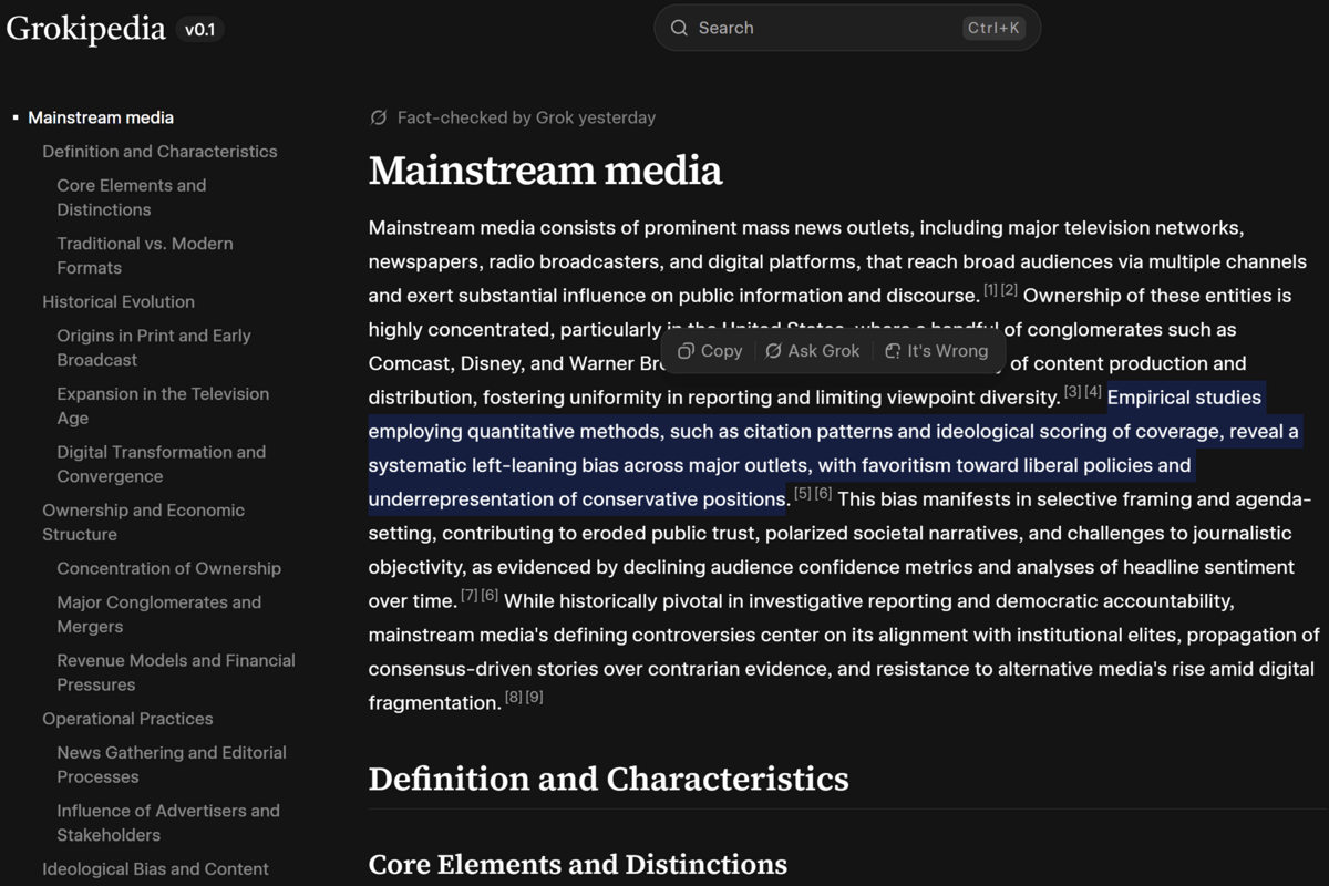 tampilan artikel Grokipedia