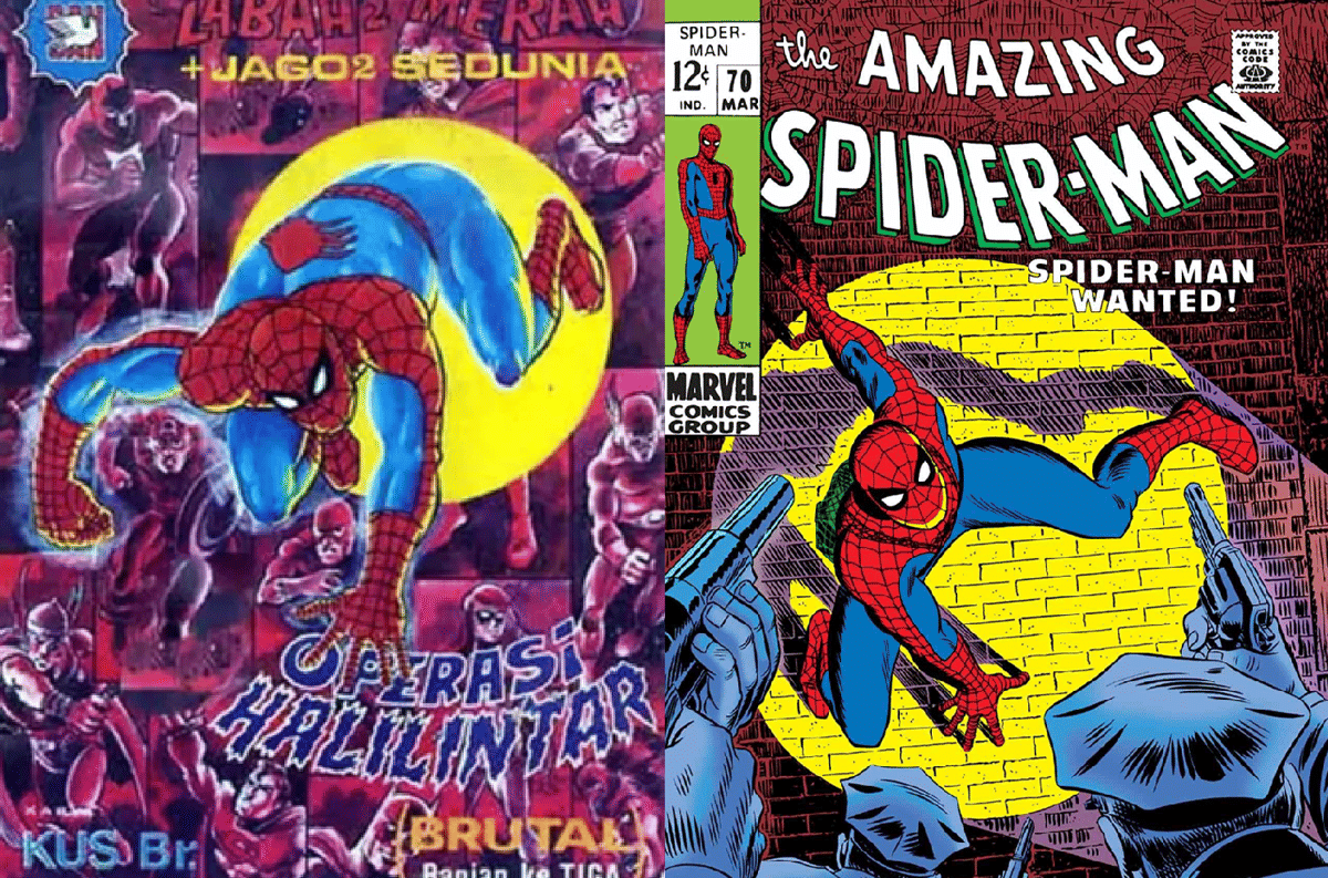 Labah-Labah Merah (kiri) dan Spider-Man (kanan) punya penampilan identik