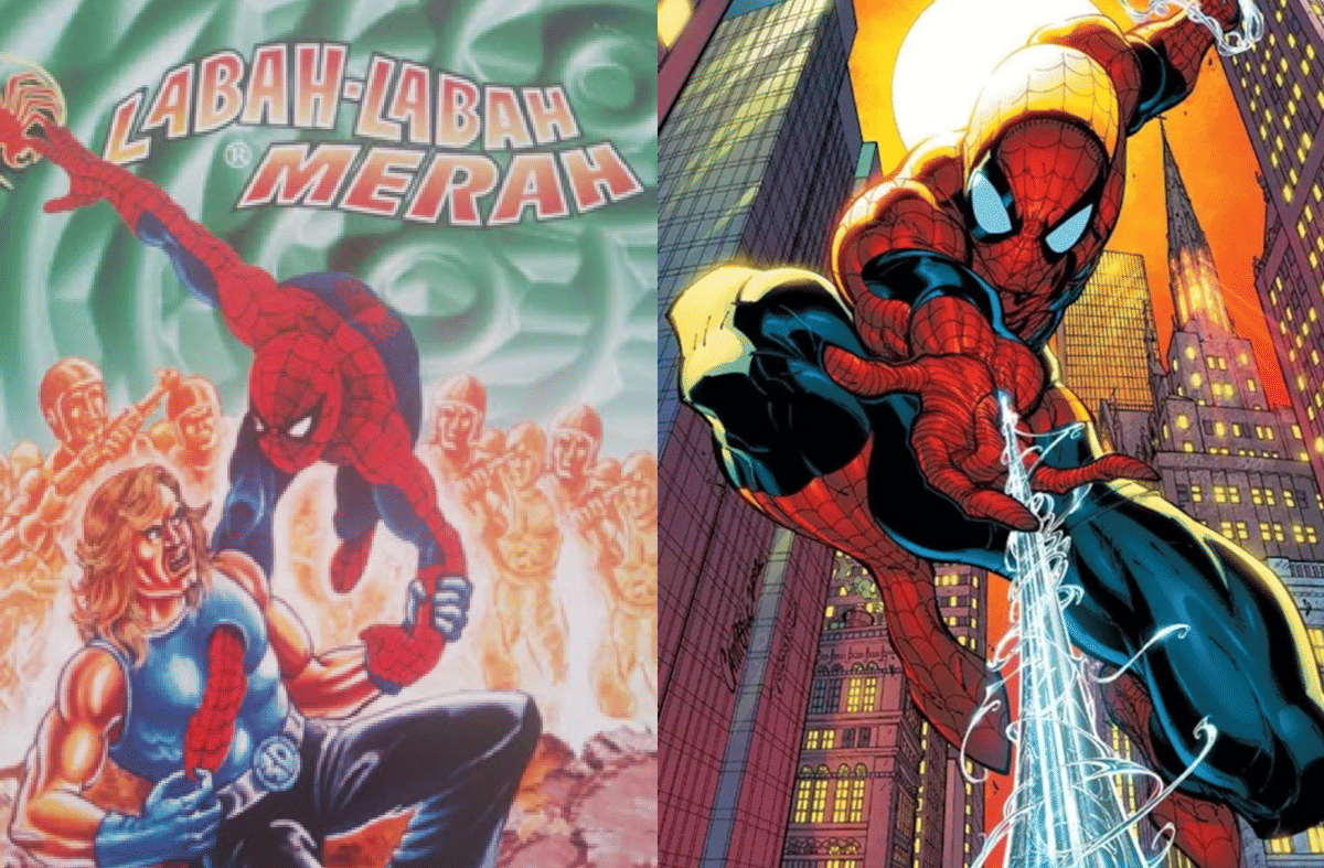 Labah-Labah Merah bertarung langsung (kiri) sementara Spider-Man (kanan) pakai jaring