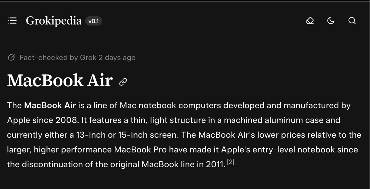 konten tentang MacBook Air yang tersaji dalam Grokipedia