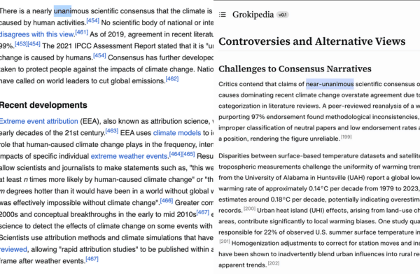 perbandingan konten Wikipedia (kiri) dan Grokipedia (kanan) soal topik perubahan iklim