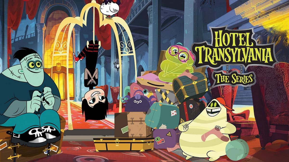 Cuplikan adegan serial animasi Hotel Transylvania dengan karakter berlatar suasana hotel, dari Prime Video.
