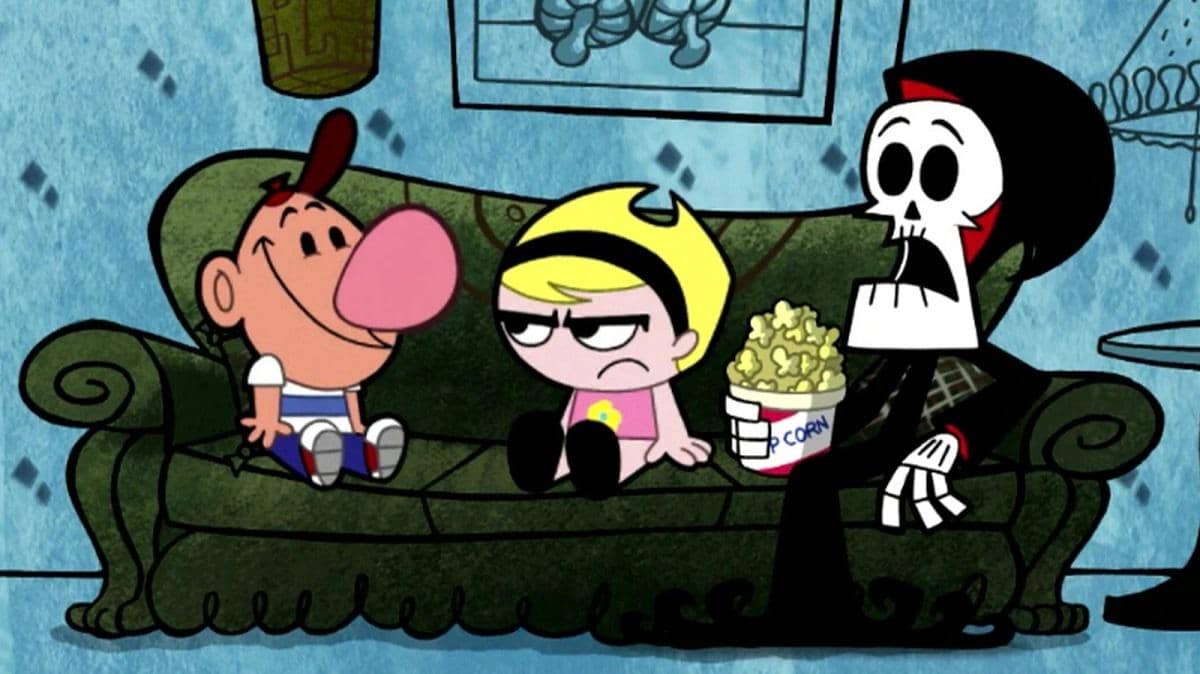 Cuplikan animasi dari serial The Grim Adventures of Billy & Mandy dengan ilustrasi kartun berwarna dan karakter bergaya khas.