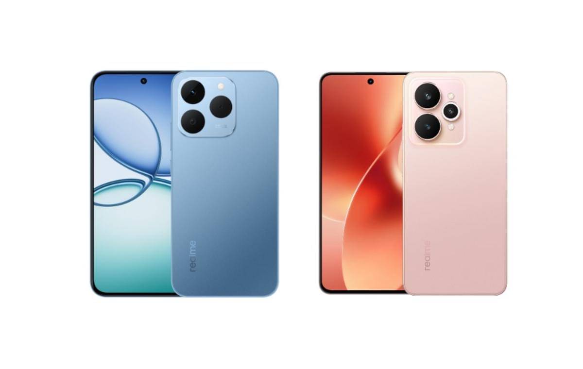 realme 15T warna silk blue (kiri) dan realme 15 warna silk pink (kanan)
