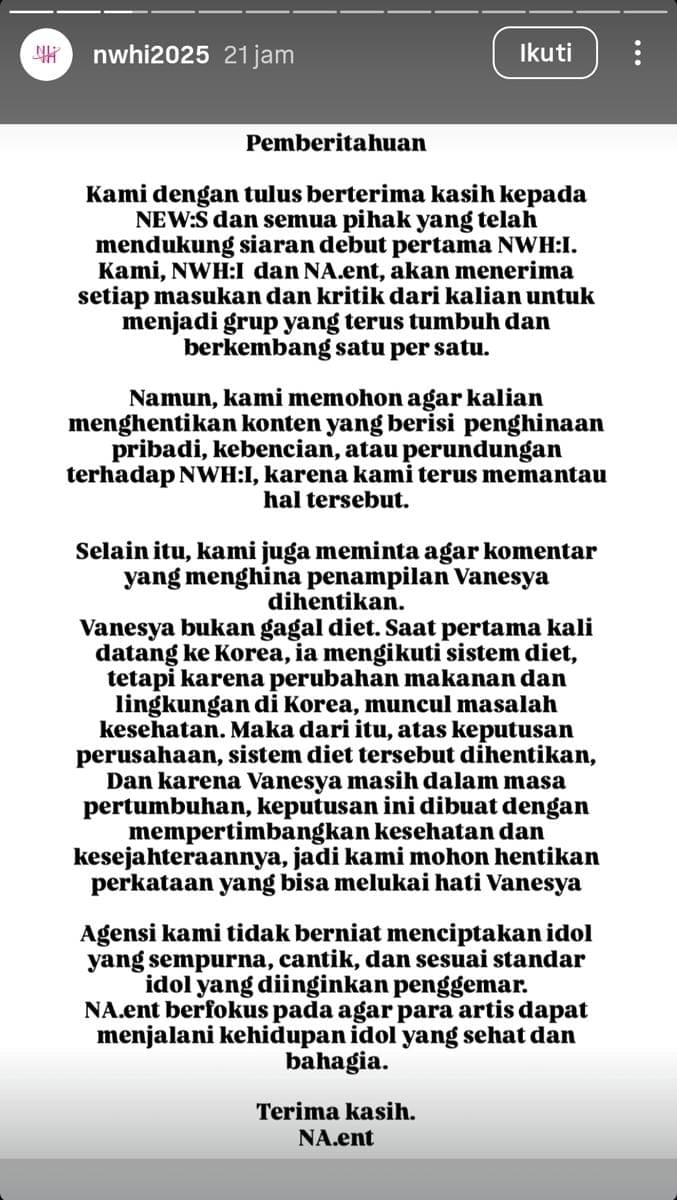 Agensi buka suara soal body shaming terhadap Vanesya NWH:I