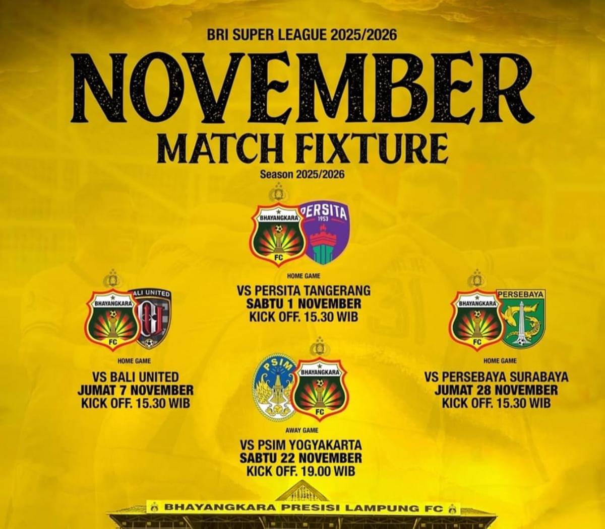 Jadwal Pertandingan Bhayangkara FC November 2025, 3 Kali Main Kandang