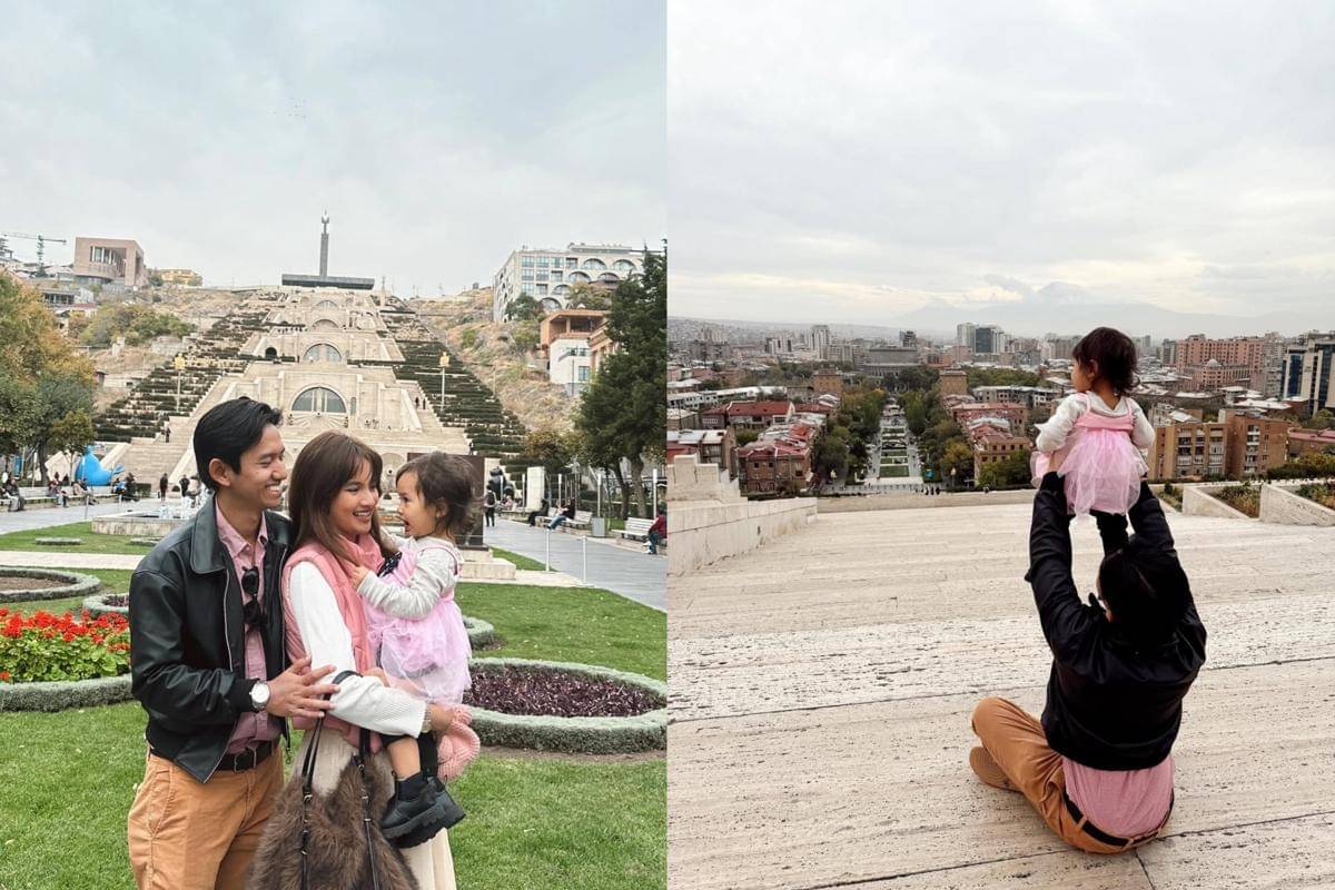 potret Sabrina Anggraini dan Belva Devara di Yerevan Cascade, Armenia
