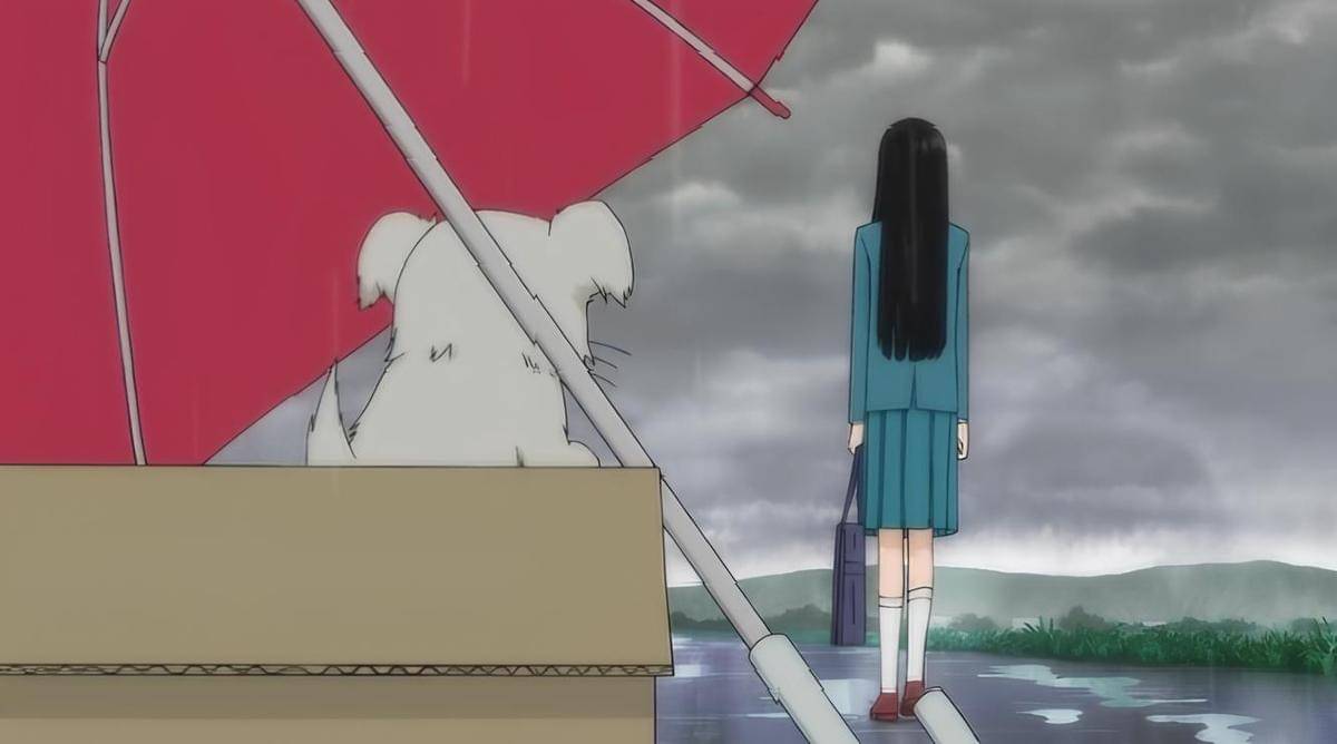 Sawako memberi payung pada anak anjing yang kehujanan