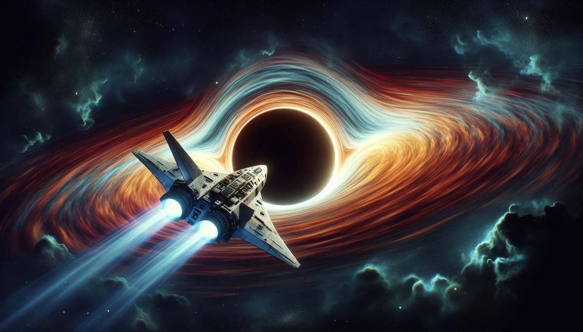 ilustrasi pesawat luar angkasa menuju lubang hitam