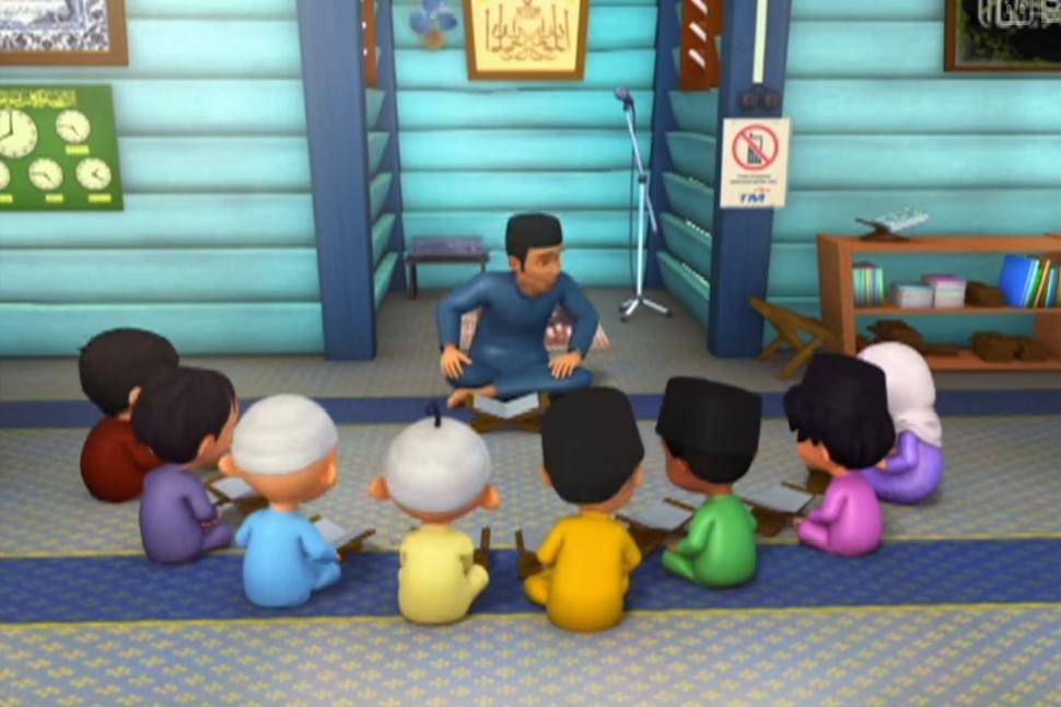 Upin dan Ipin pergi mengaji di masjid saat bulan Ramadan