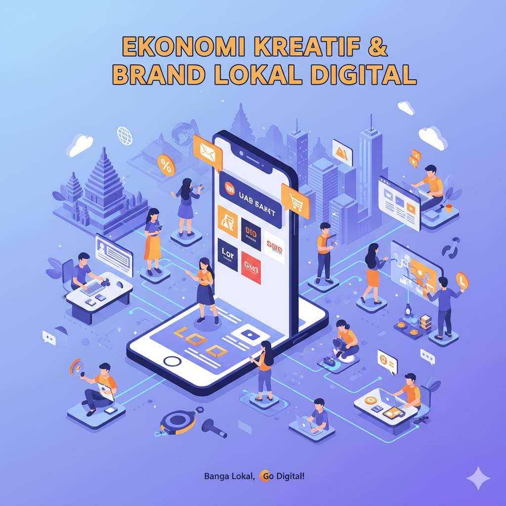 Ilustrasi ekonomi kreatif yang berfokus pada brand lokal digital di Indonesia, menampilkan produk kerajinan tangan, laptop, dan ikon media sosial.