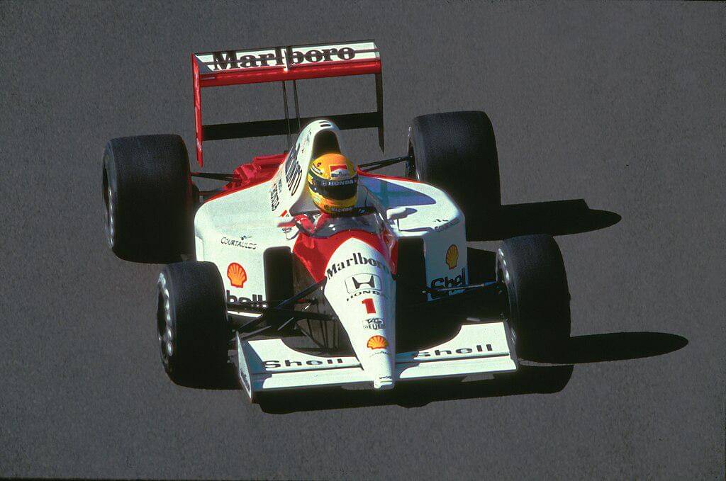 Ayrton Senna saat mengemudikan mobil McLaren MP4/6 di GP Belgia 1991