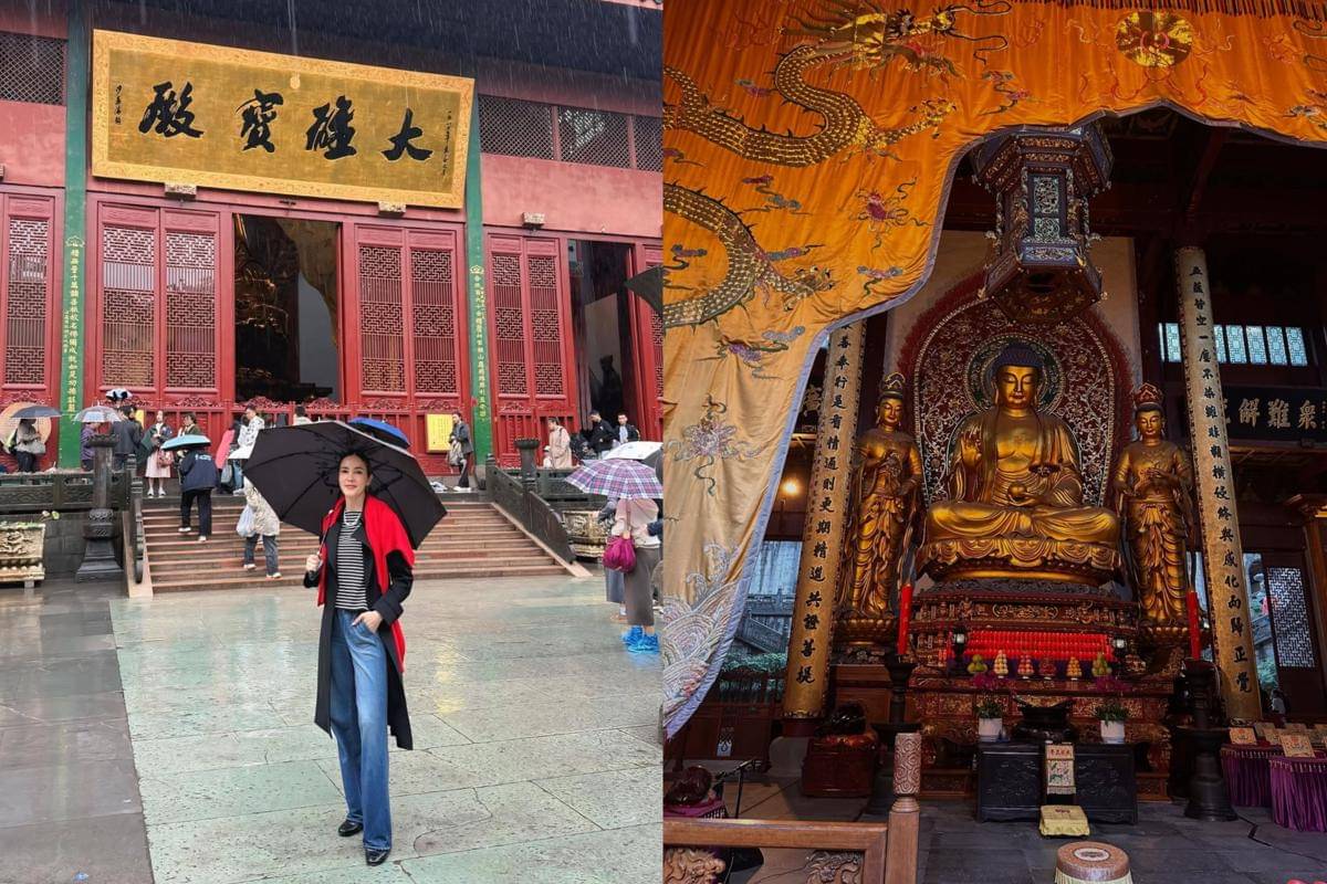 potret Cathy Sharon di Kuil Lingyin, Hangzhou, China