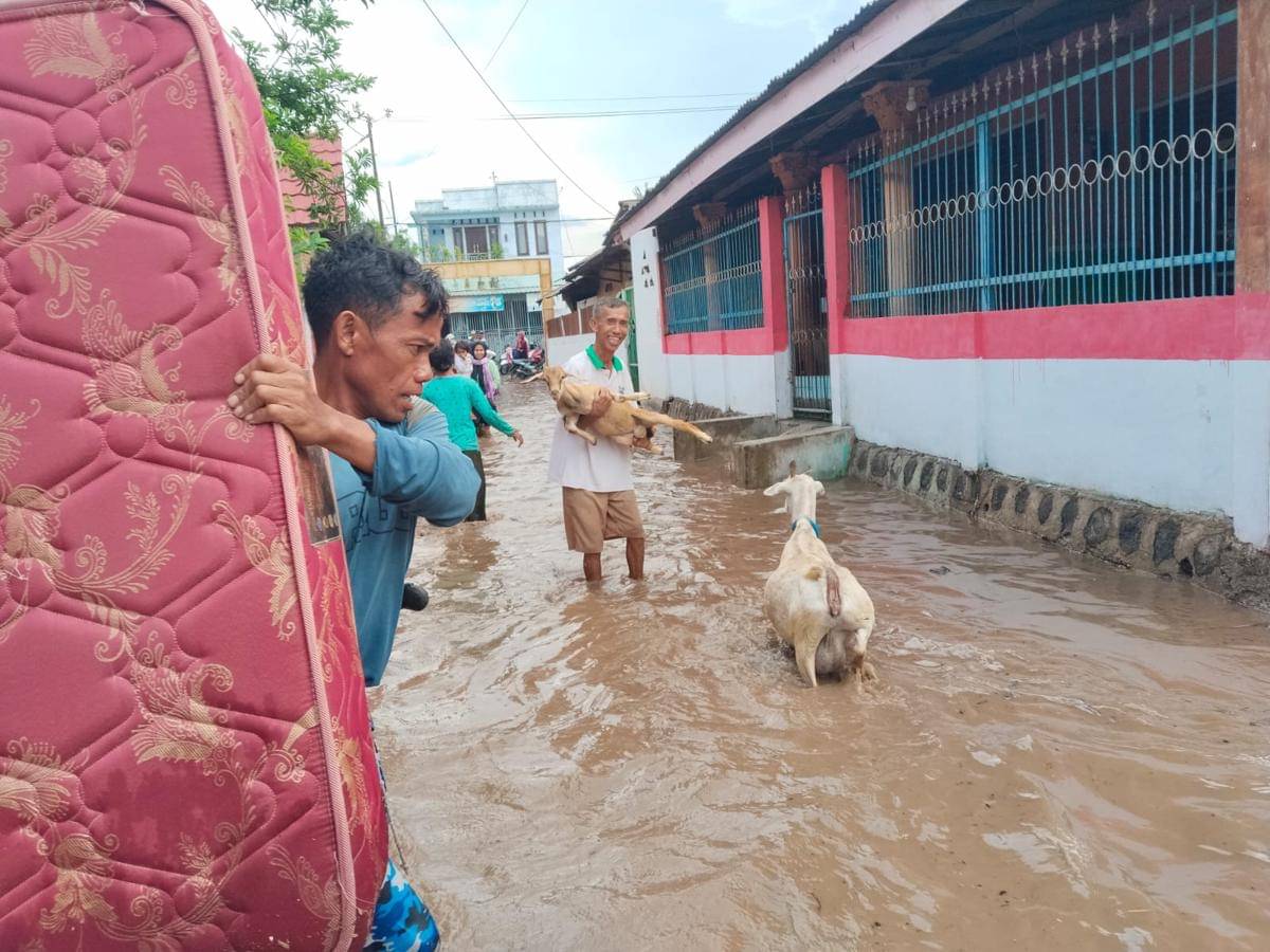 Warga menyelamatkan perabotan rumah tangga dan hewan ternak saat diterjang banjir di wilayah Bima.
