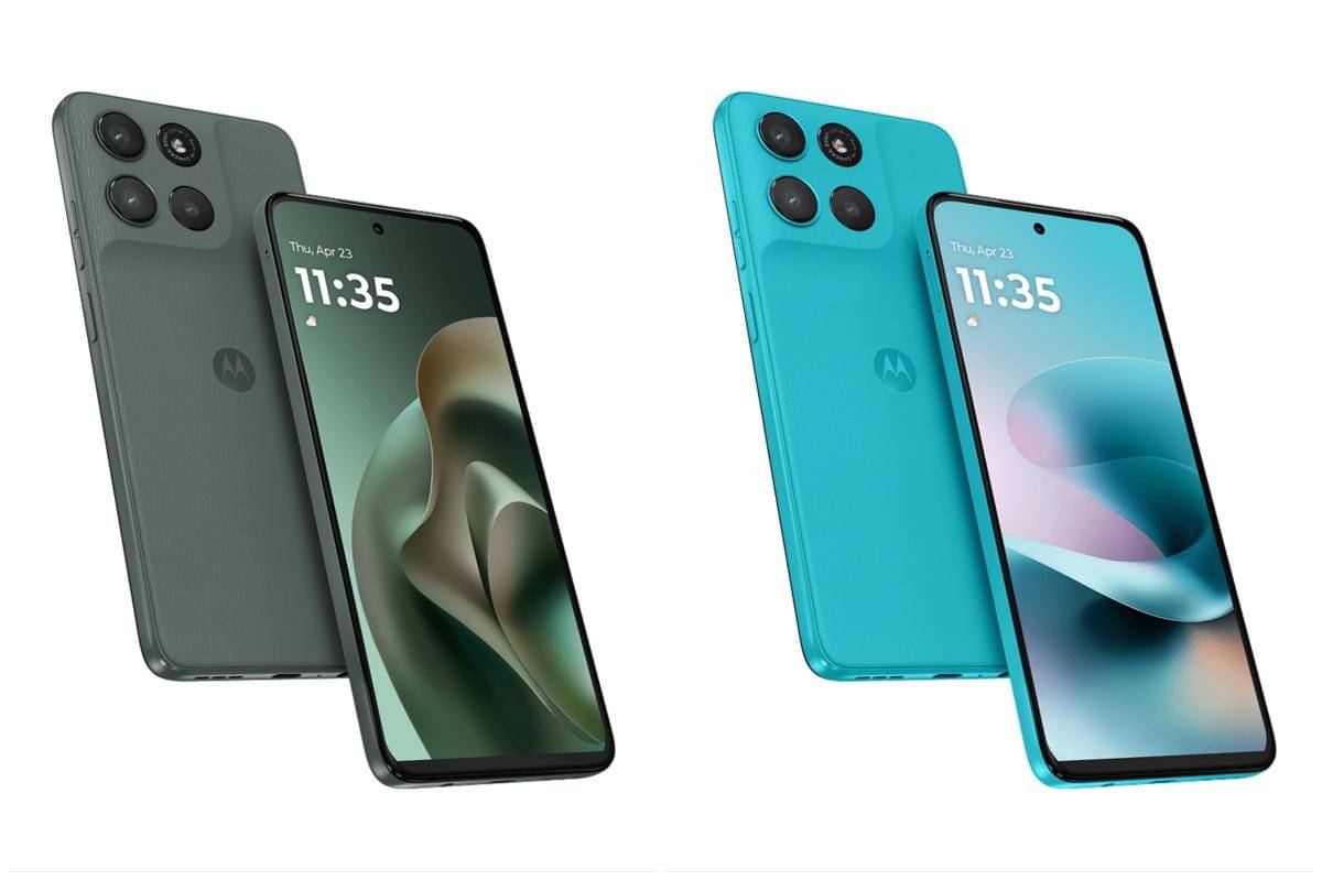 Motorola Moto G67 Power warna cilantro (kiri) dan curacao blue (kanan)