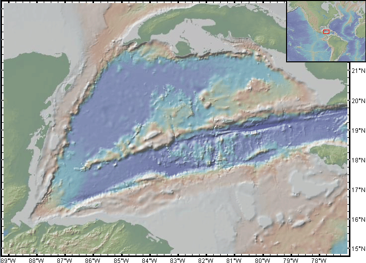 Profil batimetri palung dan pusat penyebaran Mid-Cayman, selatan Kuba dan Kepulauan Grand Cayman