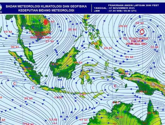 Peta perkiraan angin di wilayah Indonesia selama sepekan ke depan.
