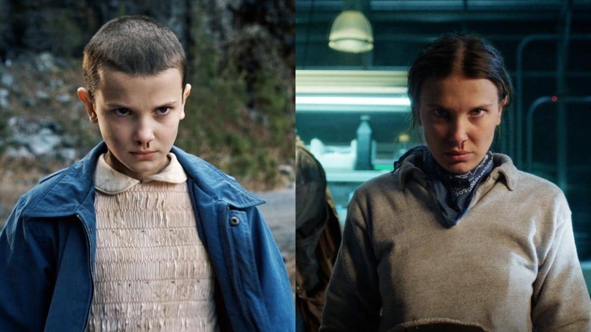 Eleven dalam Stranger Things Season 1 (kiri) vs. Season 5 (kanan).
