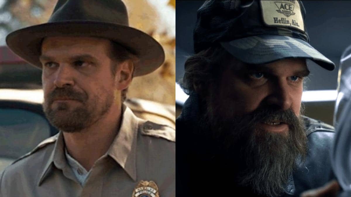 Jim Hopper dalam Stranger Things Season 1 (kiri) vs. Season 5 (kanan).