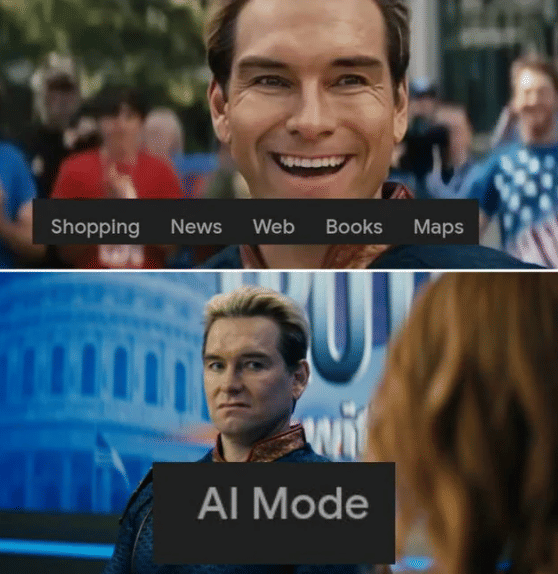 meme AI Mode/Overview dalam hasil pencarian Google Search