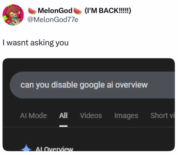 meme AI Mode/Overview dalam hasil pencarian Google Search