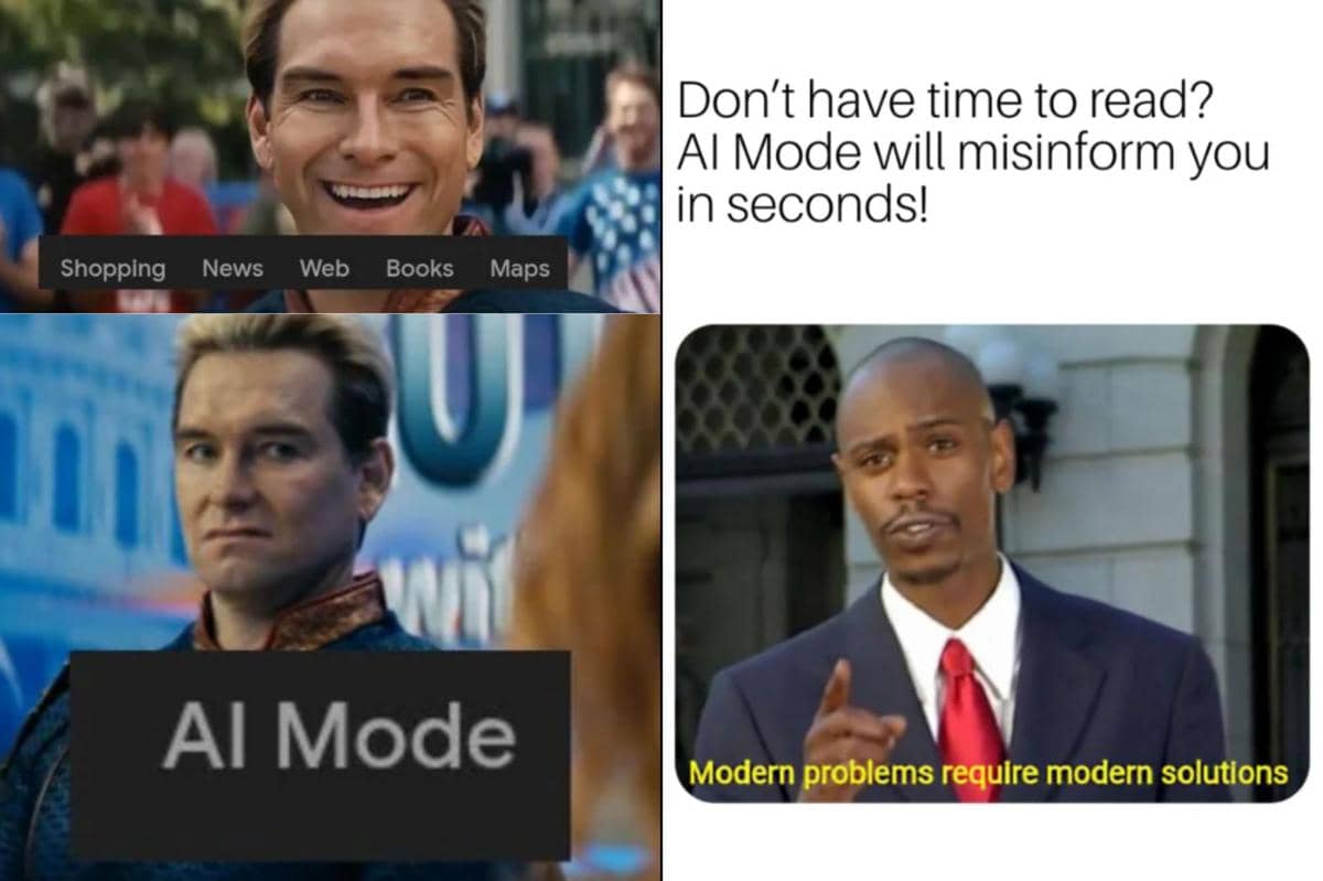 kolase meme AI Mode/Overview dalam hasil pencarian Google Search