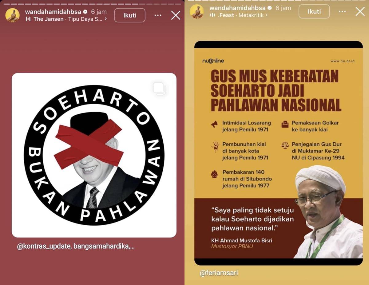 artis soroti pemberian gelar pahlawan nasional untuk Soeharto (Instagram.com/wandahamidahbsa)