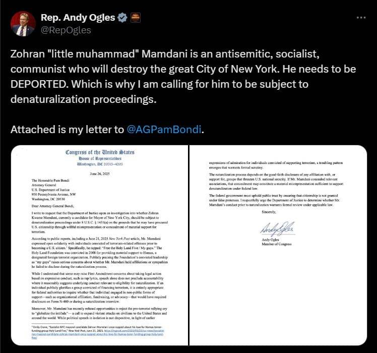 Cuitan Andy Ogles, anggota Partai Republik dari Tennessee tentang Zohran Mamdani. (x.com/RepOgles)