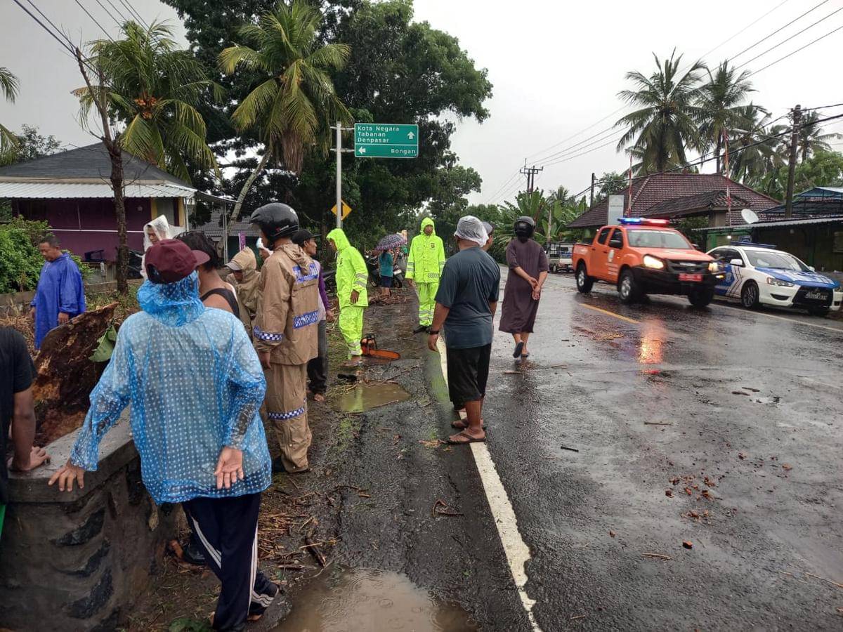 Petugas gabungan melakukan penanganan saluran air tersumbat di Kecamatan Melaya, Kabupaten Jembrana pada Selasa (11/11/2025) sore.