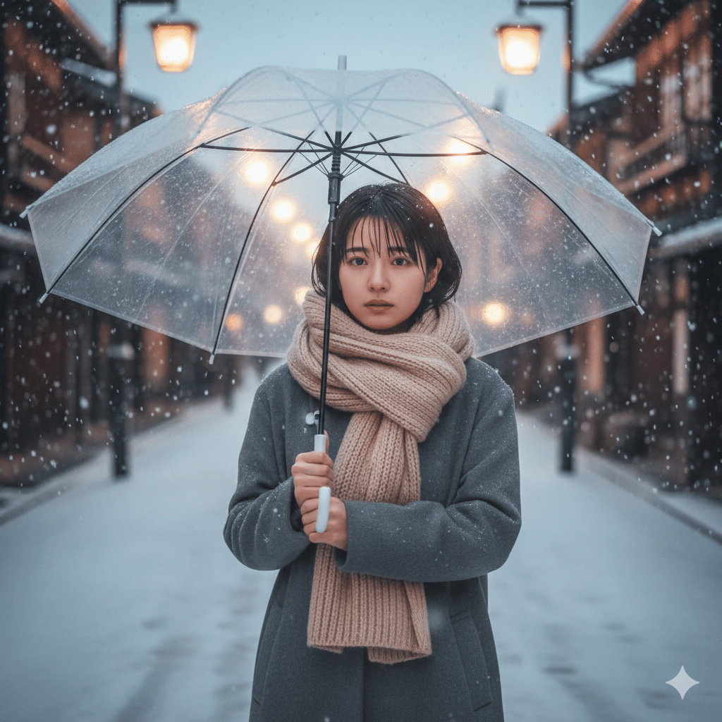 prompt gemini AI foto di tengah salju ala tren First Love