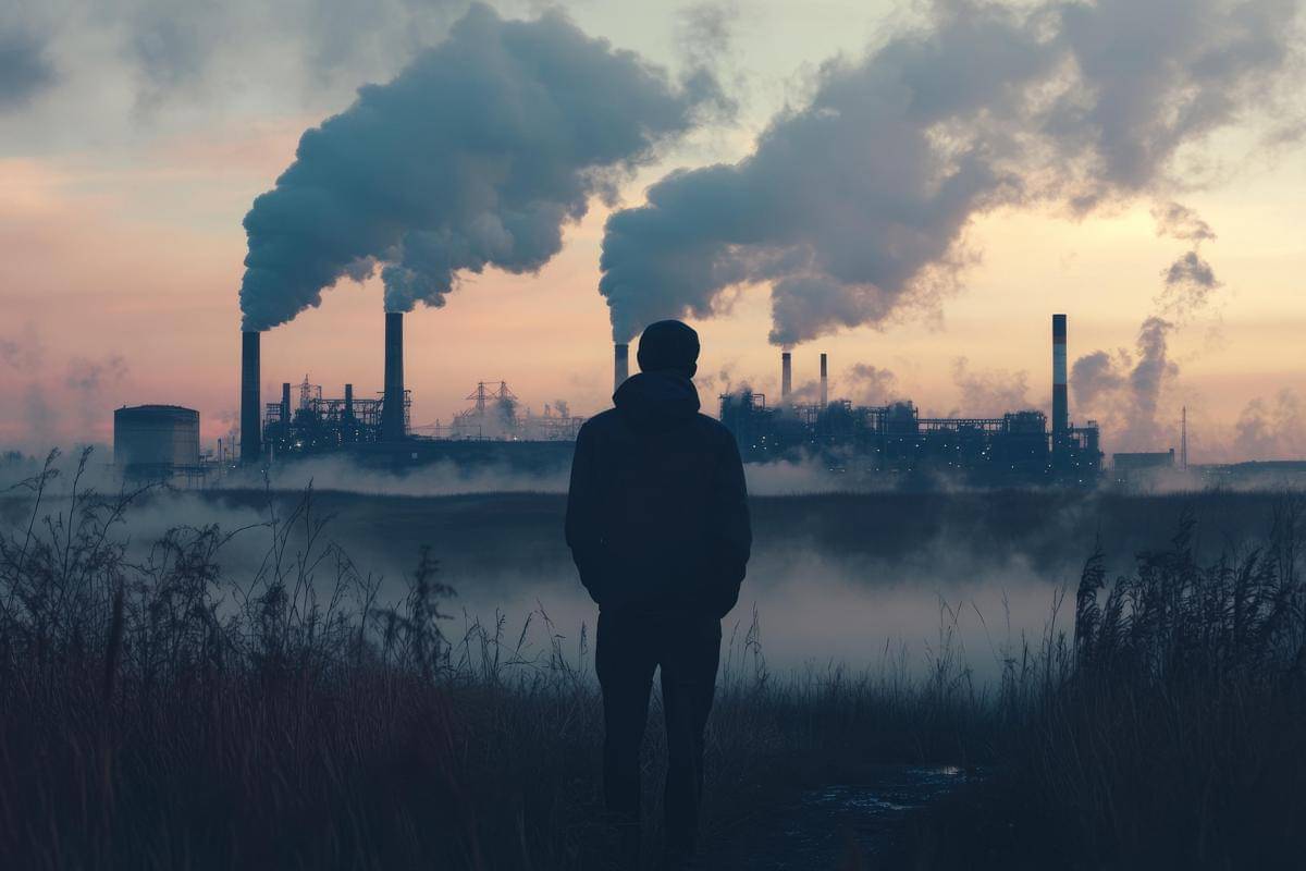 ilustrasi seseorang mengamati pabrik penyumbang asap karbon