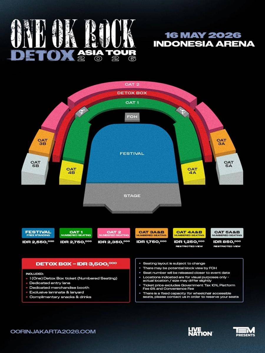 Harga Tiket Konser ONE OK ROCK "DETOX" ASIA TOUR 2026 LIVE IN JAKARTA