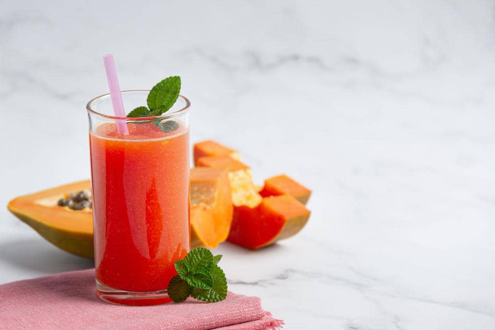 Ilustrasi jus pepaya sebagai minuman buah berwarna oranye dengan tampilan segar, cerah, dan menggugah selera.