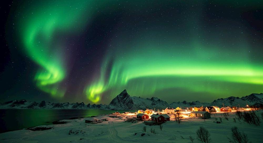 ilustrasi aurora Borealis di Lofoten Island