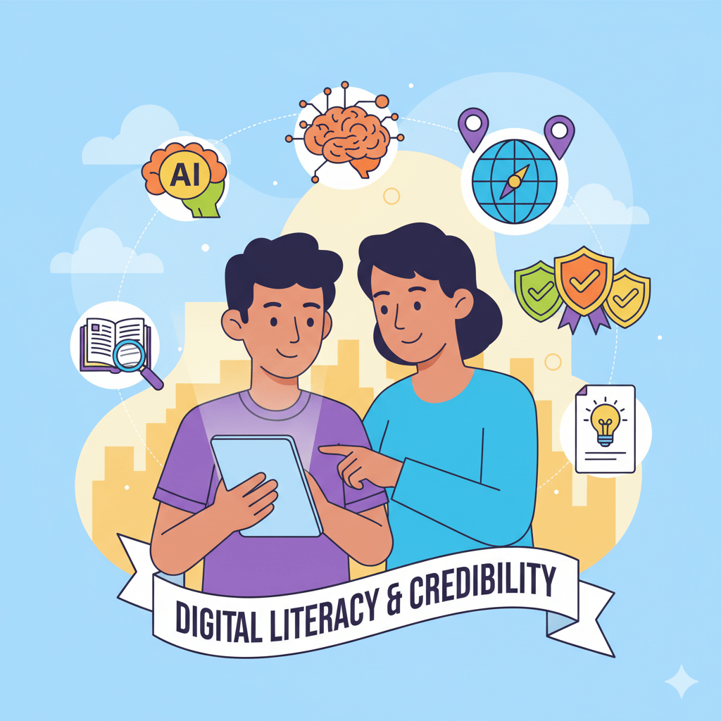 Ilustrasi dua orang belajar menggunakan tablet dengan ikon literasi digital, peta, AI, dan kredibilitas di sekelilingnya