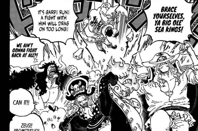 Kaido, Big Mom, dan Whitebeard melarikan diri dari Garp.