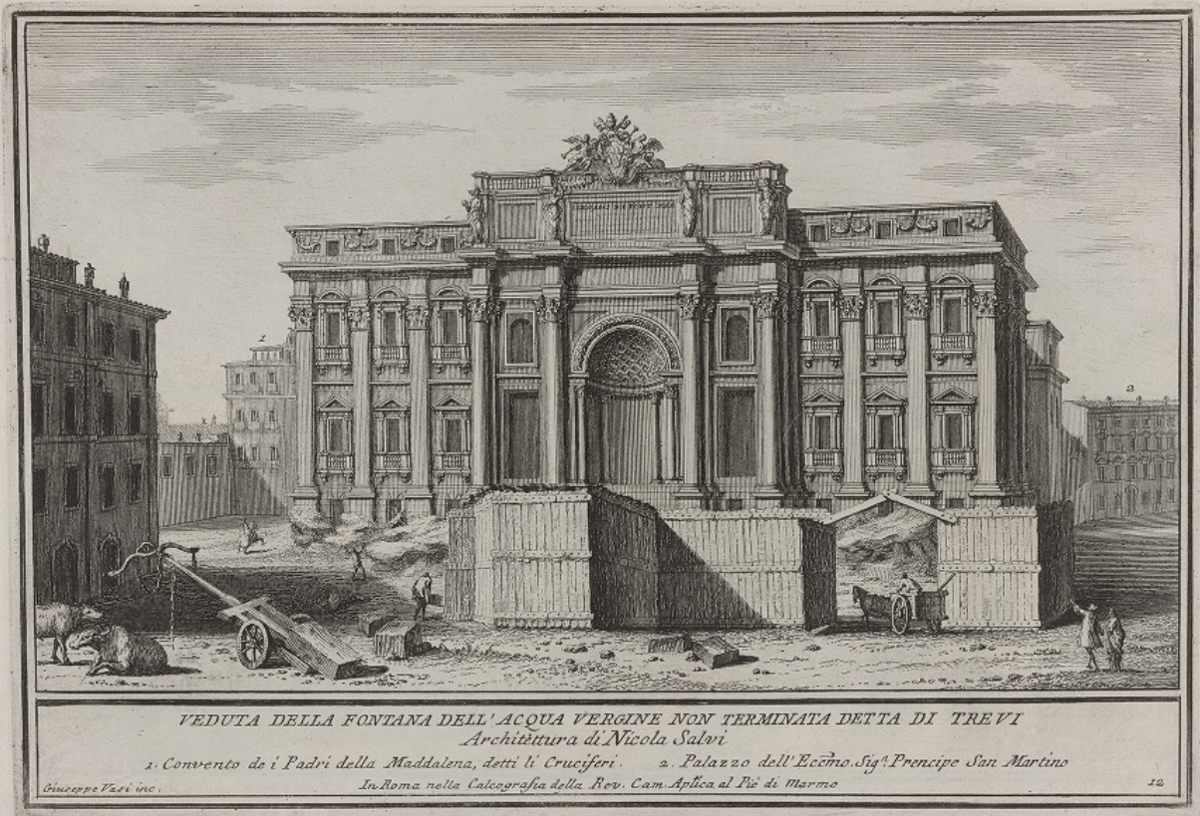 ilustrasi proses pembangunan Trevi Fountain