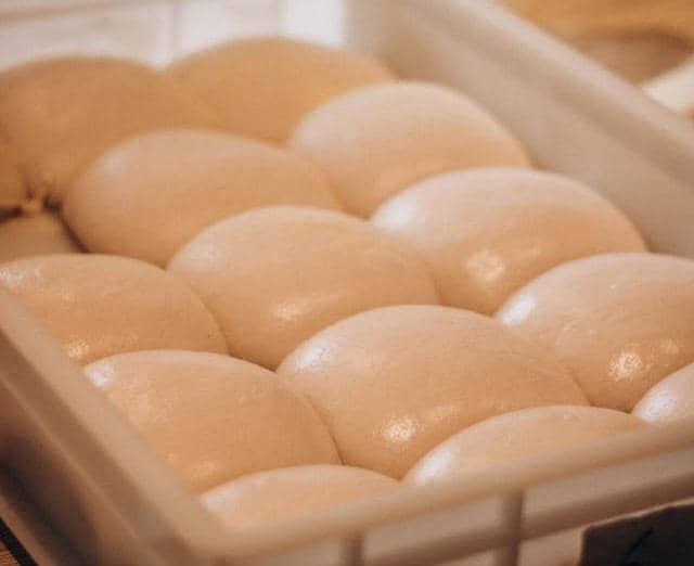 Adonan roti yang sedang melalui proses proofing di dalam wadah plastik, tampak mengembang dan bertekstur halus siap dipanggang.