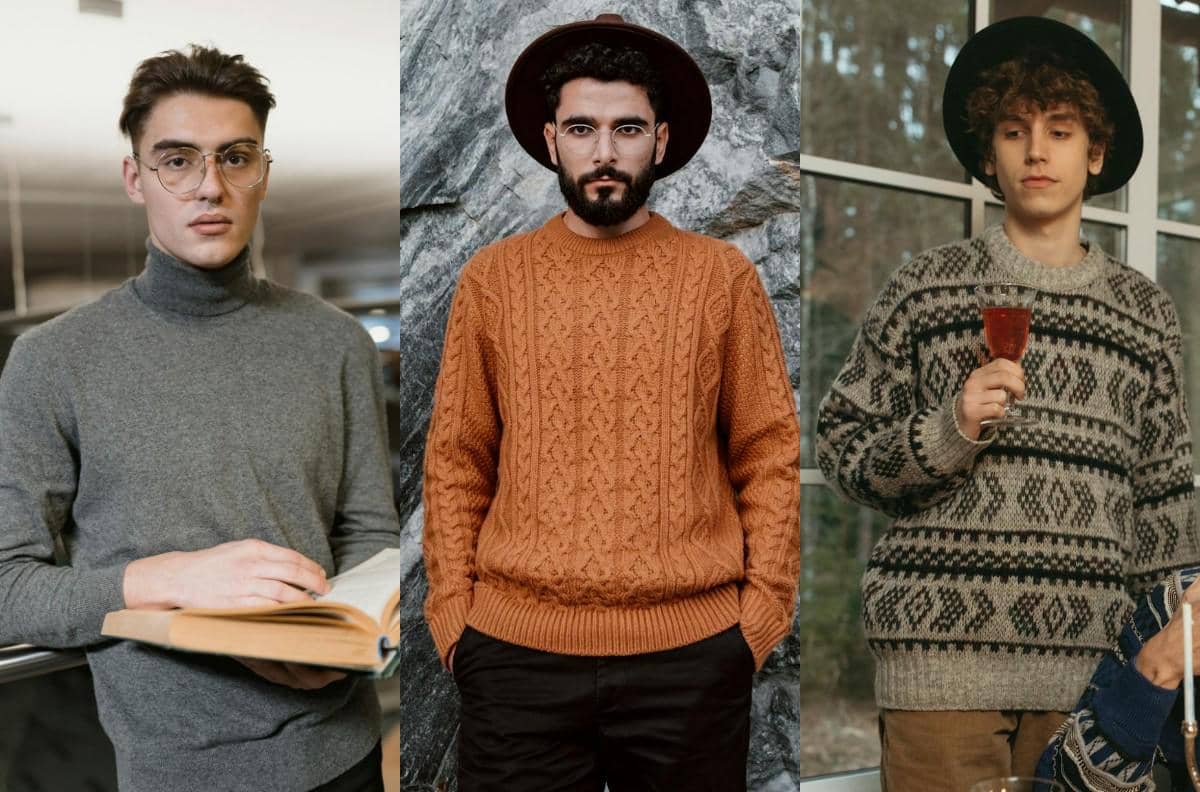 Ilustrasi sweater turtleneck, cable knit, dan fair isle
