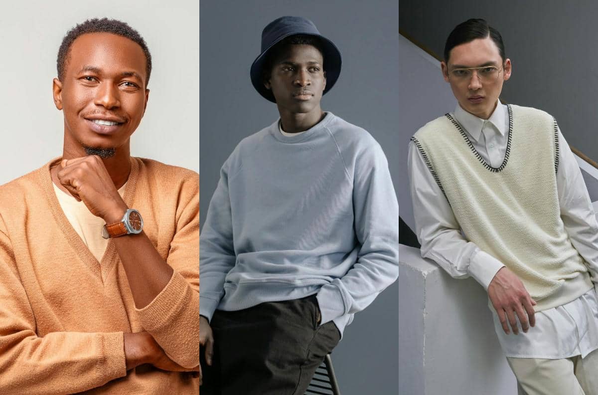 Ilustrasi sweater V-neck, crewneck, dan vest