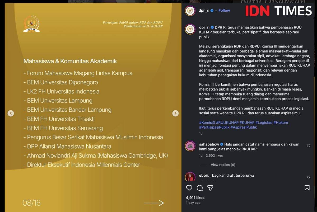 Tangkapan layar konten akun resmi Instagram DPR RI yang mencatut BEM Undip Semarang. (IDN Times/Dhana Kencana)