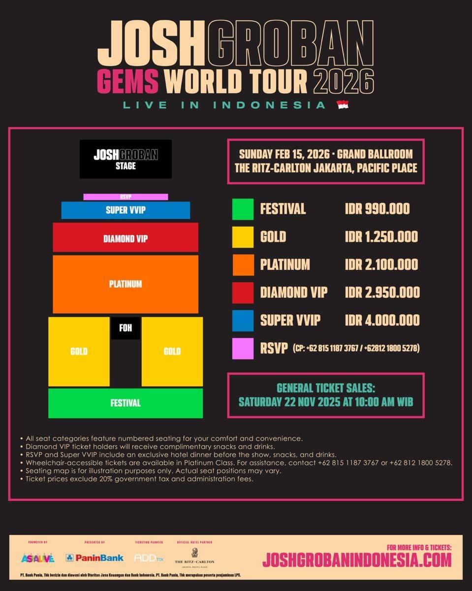 Harga Tiket Konser Josh Groban GEMS World Tour di Jakarta 2026