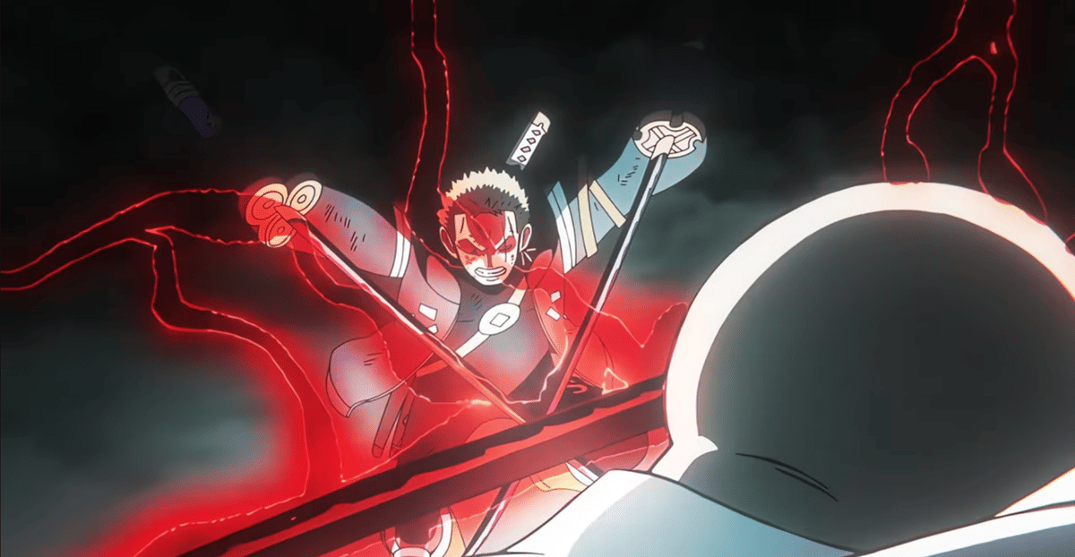 Ethanbaron V. Nusjuro lawan Roronoa Zoro. (Dok. Toei Animation, Shueisha, Eiichiro Oda/One Piece) 