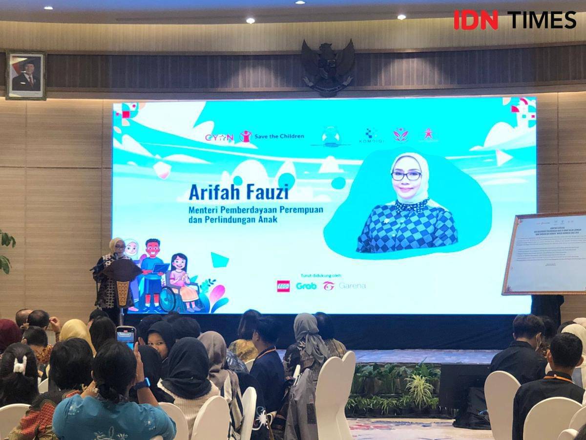 Arifah Fauzi dalam acara Hari Anak Sedunia 2025 di Hotel Lumiere, Jakarta, Kamis (20/11/2025). (Dok. IDN Times/Regina Sofya)