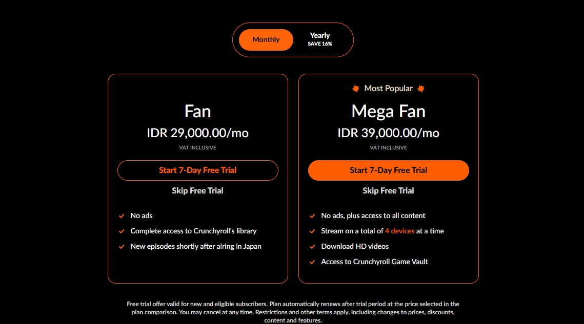 biaya langganan Crunchyroll