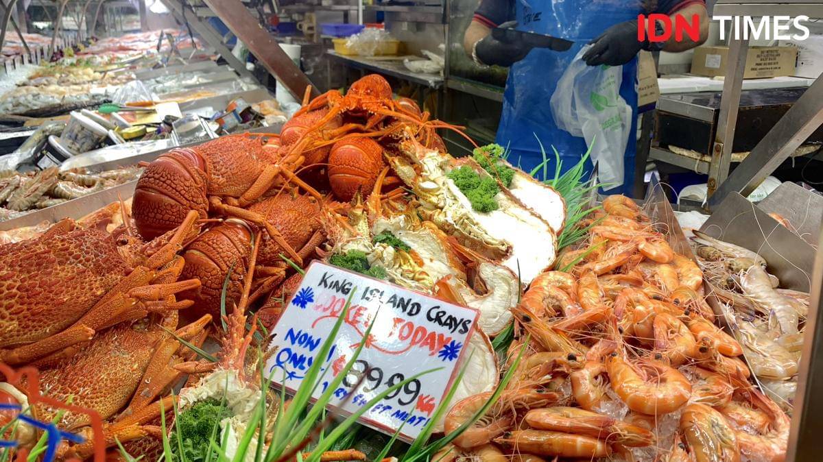 Potret seafood di South Victoria Market, Melbourne, Australia 