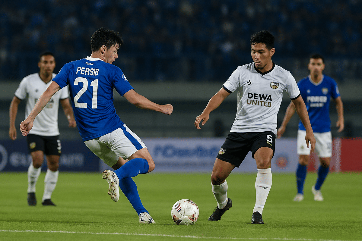Ilustrasi pertandingan Persib Bandung vs Dewa United — Andrew Jung mengeksekusi bola di tengah tekanan lawan.