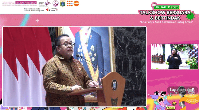 Wakil Gubernur DKI Jakarta Rano Karno saat Kick Off 16 HAKTP 2025 "Olahraga & Panggung Ekspresi Kita Punya Andil, Kembaikan Ruang Aman" (Sabtu, 22/11/2025) (Youtube/Komnas Perempuan)