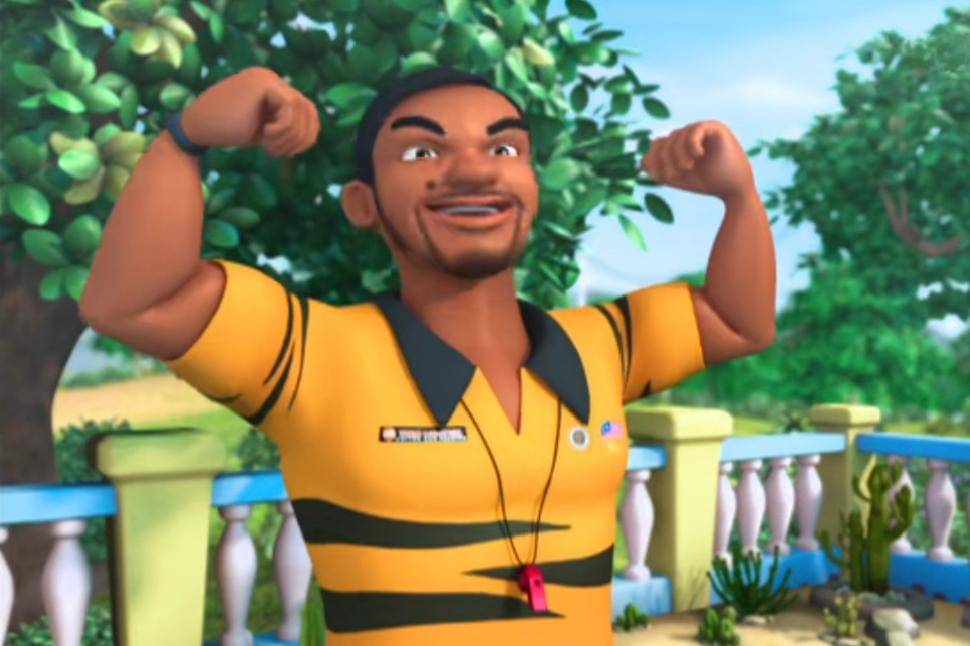 karakter Cikgu Tiger, guru pria di Tadika Mesra yang suka pamer otot