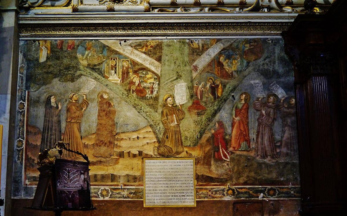 potret lukisan fresco berjudul "Tree of Life" dari abad ke-14 di dalam Basilika St. Maria Maggiore, Bergamo 